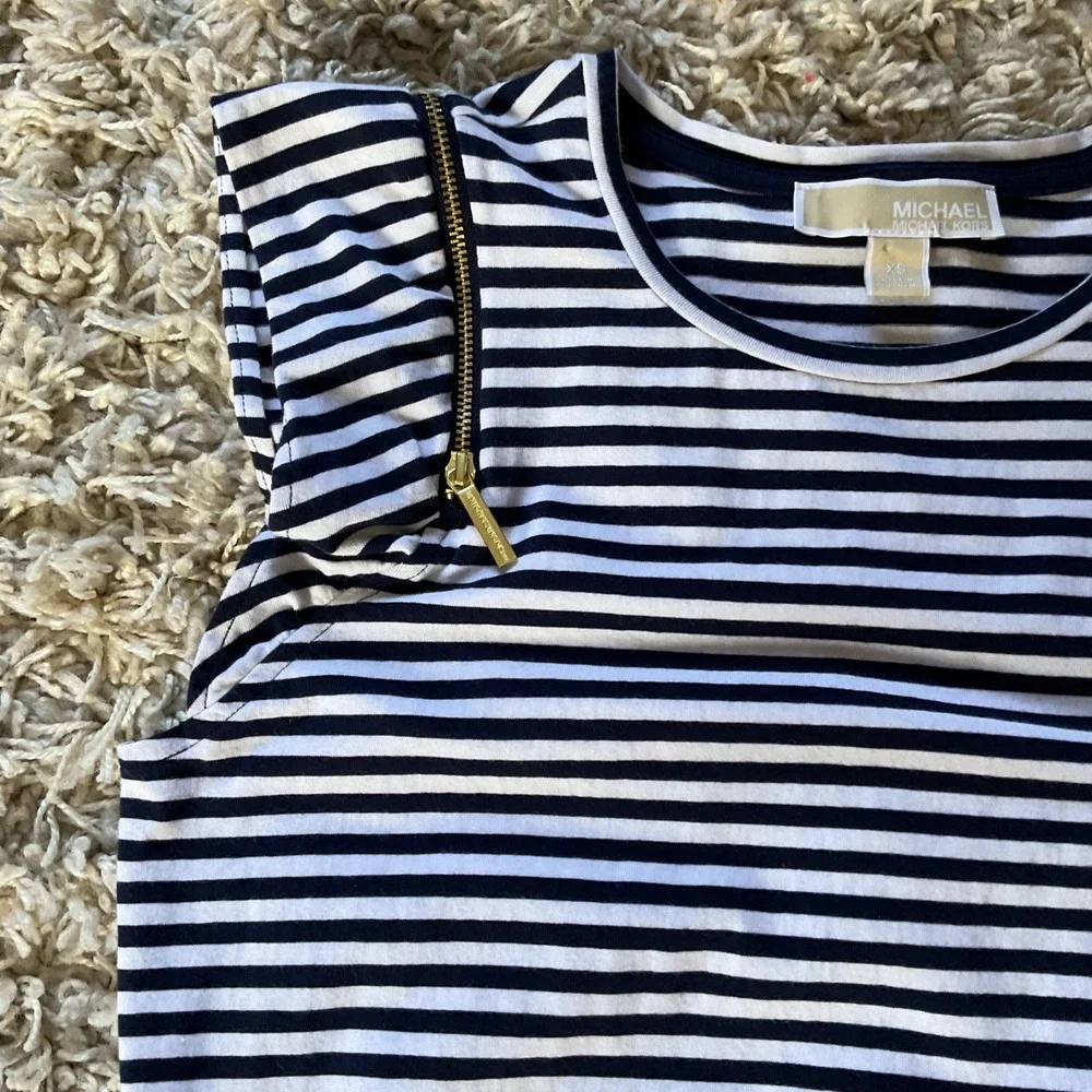Michael Kors Navy White Striped Ruffle Sleeve Zipper Accent Shift Dress‎ XS